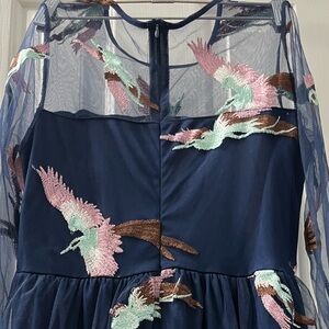 Crane Embroidered Navy Mesh Dress